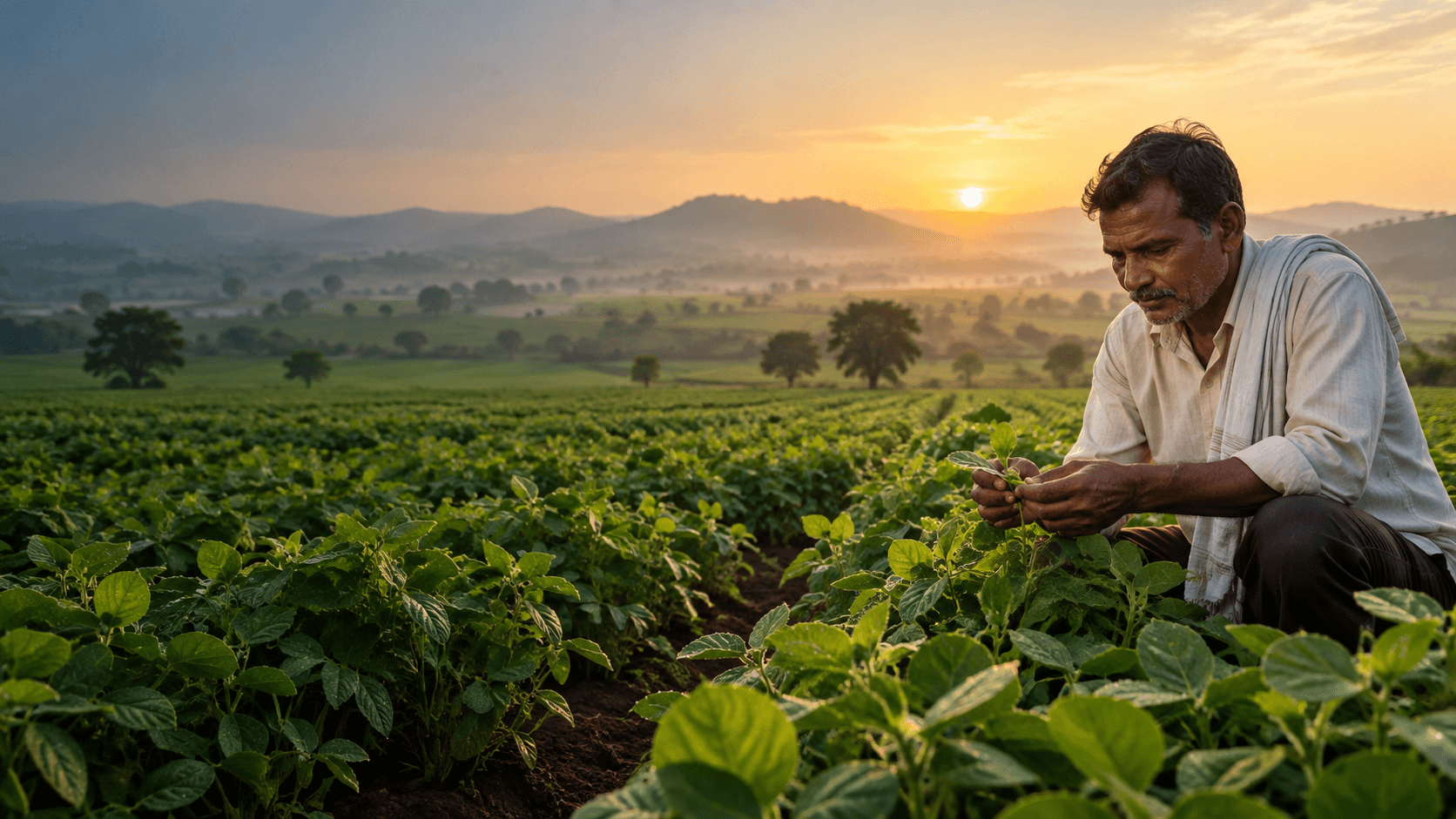 Farmer inspecting a healthy crop field